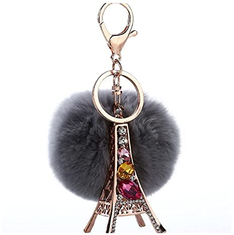 Canarea Schlüsselanhänger Pompons Plüsch Flauschige Taschenanhänger, Faux Kaninchen Pelz Plüschball mit Mini-Turm Strass Kugel Dekor bommel Keychain Ring für Handtasche Schlüssel (Schwarz)