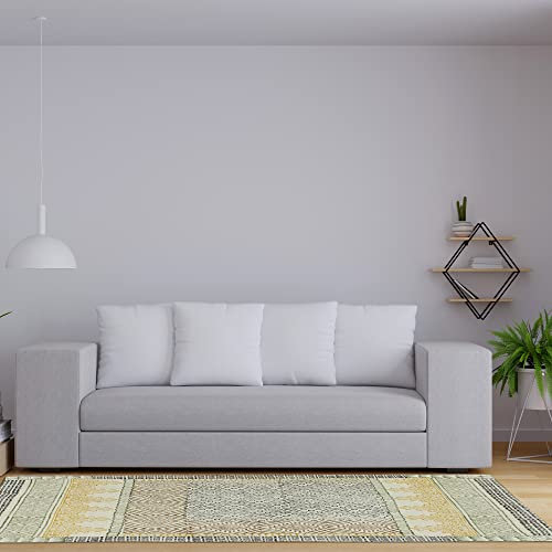 CASAVANI Schwarz, brauner handblockbedruckter Boho-Teppich, handgefertigter Teppich, Badezimmerteppich, leicht waschbar, flach gewebte Baumwolle, böhmische 120 x 300 cm (4 x 10 Fuß Läufer)