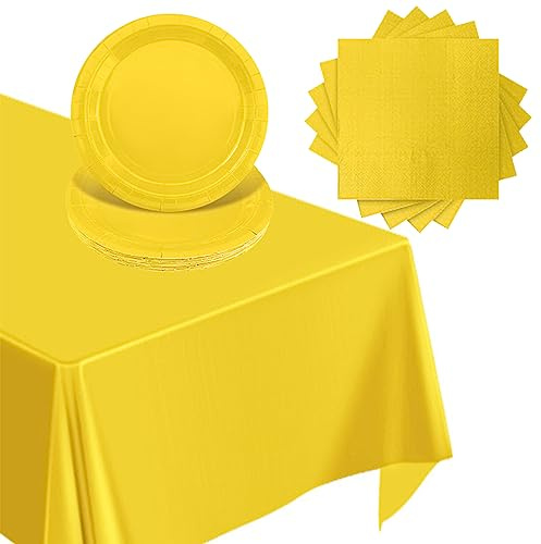POPOYU Partygeschirr Set Gelb,37 Stück Gelb Party Geschirr Liefert Pappteller Servietten Tischdecke Gelb·Partygeschirr Set für Kinder Geburtstagsparty Dekoration,Ostern,Babydusche,Bauernhoftiere Party