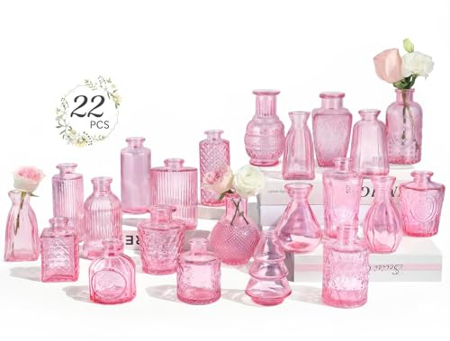 RUCKAE 22 Pack Pink Small Vases Glass Mini Bud Vase in Bulk Vintage Pink Flower Vases for Wedding,Centerpieces Home Decor and Party