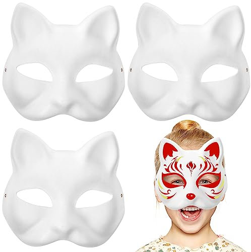ifundom 3 Stück Katzen-Gesichtsmaske Diy-Tier Unbemalte Maske Blanko Handbemalte Halbgesichtsmaske Unbemalt Weiße Maskerade-Maske Für Karneval Party Fuchs-Kostüm Requisite