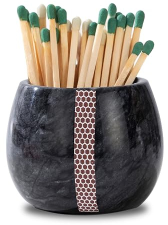 CM CHIC MONDAY Decorative Marble Match Holder - Matches Box for Long and Sticks- in a Jar with Striker Beautiful Home Decor Enhance Your Living Room Wooden Not Included
