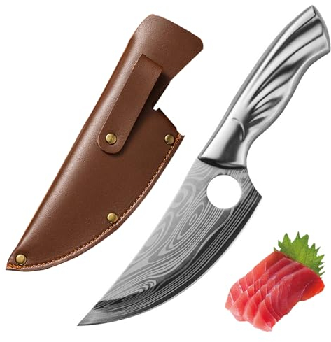 Fubinaty Japanisches Kochmesser High Carbon Steel Ausbeinmesser Kleines Hackmesser Outdoor Küchenmesser Full Tang Camping Jagd Kochen Messer mit Lederscheide