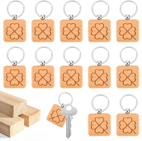 AILUYA Lot de 12 porte-clés en bois gravé trèfle à quatre feuilles, porte-bonheur carré, pendentif en bois avec anneau