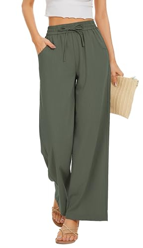 KICZOY Women's Green Solid Color Palazzo Pants with Pleated Front, Loose Fit, High Rise, Drawstring Waist, Ankle Length, Wide Leg, 2 Front Pockets, Size M