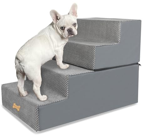 Nepfaivy Hundetreppe für Kleine Hunde 4-Stufig, Hundetreppe Hunderampe für Bett und Sofa aus Hochdichtem Schwamm, Haustiertreppe mit Abnehmbarem, Waschbarem Bezug und Rutschfestem Boden, 61x40x45cm