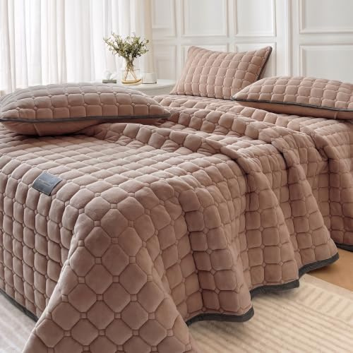 OKYUK Luxus-Samt-Bettwäsche-Set, Tagesdecke, Stepp-Bettwäsche, mit 2 passenden Kissenbezügen, für alle Jahreszeiten (Kaffee, 230 * 250CM)