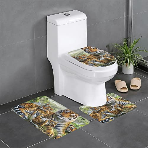 FLYIFE Badematten-Set, Motiv: Jungle Tigers Cub, 3-teilig, Flanell, rutschfest, wasserabsorbierend, mit U-förmiger WC-Vorleger und WC-Deckelbezug