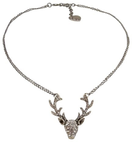 Alpenflüstern Trachtenkette Metall-Halskette Glitzer-Hirsch - Damen-Trachtenschmuck Dirndlkette (antik-silber-farben) DHK331