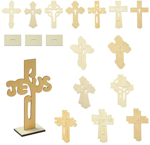 Stiesy Holzkreuz stehendes Holzkreuz in 7 Stilen, Tischdekoration, Jesus-Kruzifix-Skulptur, Display, Religion, Heiliges Kreuz, Statue mit Sockel, für Hochzeit, Heimdekoration, Basteln, 14 Stück