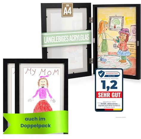 KIYARI Bilderrahmen Kinderzeichnungen A4 2er Set Holz Schwarz Frontöffnung | A4 Bilderrahmen aus Holz, Magnetische Frontöffnung, Platz für bis zu 150 Bilder, Bruchsicheres Acrylglas