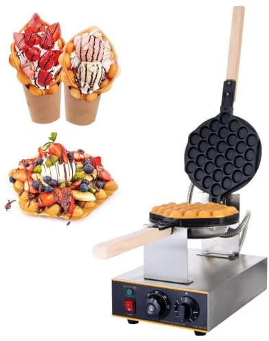XNXYSMKJ Commercial Bubbles Waffle Maker,1400W Egg Bubbles Puff Iron w/ 180° Rotatable 2 Pans & Wooden Handles,for Restaurant Cafes Bakery Snack Bar