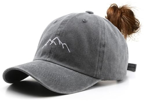 YULOONG Damen Pferdeschwanz Baseball Cap Mountain Peak Stickerei Baseball Cap Retro Gewaschene Baumwolle Hut Sonnenschutz Cap Einstellbare Tennis Golf Sport Cap Grau