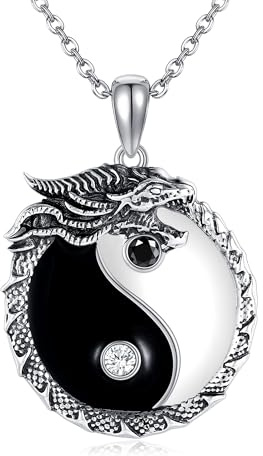 DAYLINLOVE Yin Yang Kette 925er Sterling Silber Drachen/Schwarz Obsidian Weiß Perlmutt Anhänger Halskette Yin Yang Amulett Schmuck Geschenke für Damen Männer
