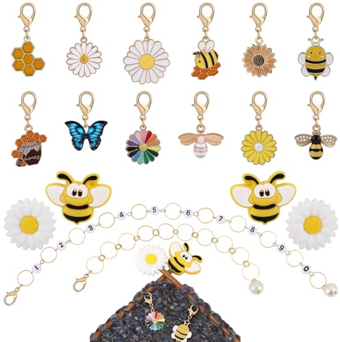 COGCHARGER DIY Knitting Tool Sets 18Pcs Including Bee & Flower Alloy Enamel Crochet Stitch Markers Knitting Row Counter Chains Silicone Knitting Needle Stoppers for Knitting Project