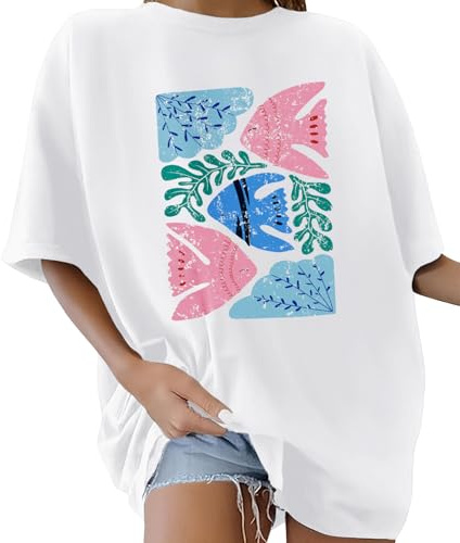 Xnova Tee Shirt Femme Grande Taille Coton T-Shirts à Manches Courtes Col Rond Oversize Graphic Long Top Casual Loose Haut Été, C-Blanc, L