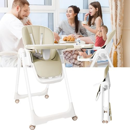 XMTECH Baby Klappbar Hochstuhl Grau Kinderhochstuhl Faltbar Babystuhl Höhenverstellbar Kinder Kombihochstuhl Liegefunktion mit 4 Rädern und Fußstütze (Beige)