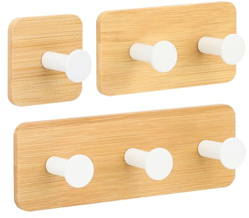 Segus Klebehaken Bambus, 3 Stück Haken Bambus Selbstklebend, Klebehaken Extra Stark, Handtuchhalter Ohne Bohren Weiß, für Kleidung, Schal, Hut, Llaves
