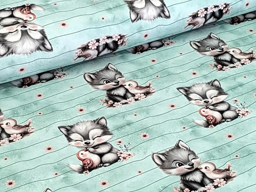 Eigenproduktion French Terry Sweet Wolf mit Vogel Streifen auf Mint/Grün Stoff Meterware Kleiderstoff