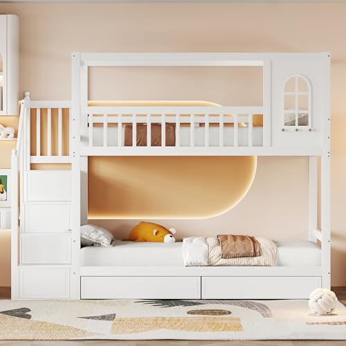 Kinderbett Etagenbett 90x200, Hochbett für 2 Kinder, Hausbett mit Treppe und Stauraum&2 Schubladen, Massivholz Doppelbett Stockbett Bettgestell mit Rausfallschutz&Lattenrost,Kiefer,Ohne Matratze,Weiß