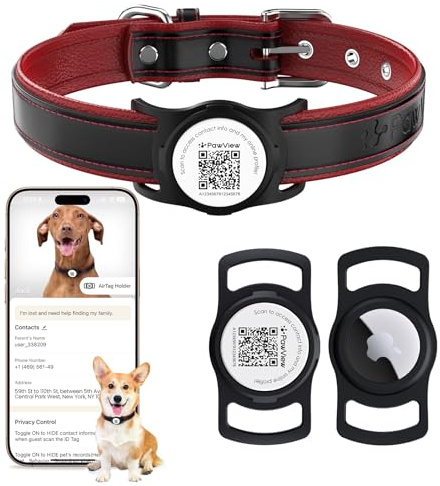 Hundehalsband Leder Kompatibel mit Apple Airtag Hülle, mit Verlustsicherer QR-Code,Weichem Gepolstertes,Verstellbares Halsband Hund für Welpen und kleine Hunde S (Halsumfang 28–42 cm, Breite 2 cm)