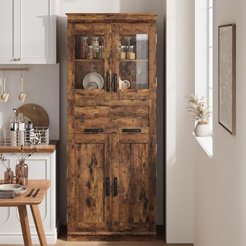 OPULENTHOME Rustikaler Brauner Vorratsschrank – 170 cm Hoher Freistehender KüChenschrank Mit TüRen Und Regalen, Schublade für Wohnzimmer Und Badezimmer (DoppeltüRen),Retro-Farbe