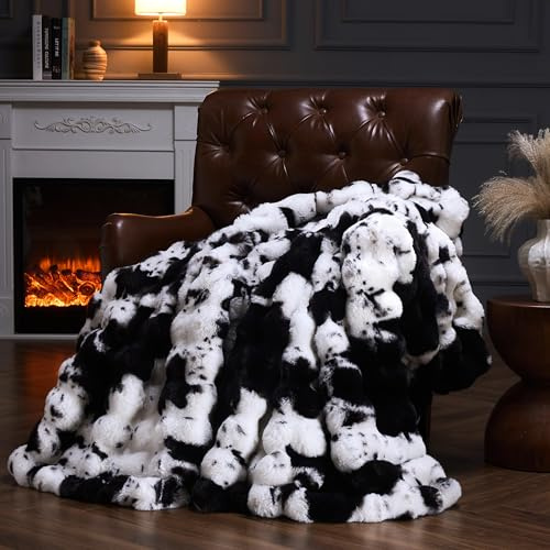 YBIKE Kunstpelz-Kuscheldecke mit Hase-Design Wurfdecke aus Blasenstoff 230x230cm, Luxuriöse Flauschige und Weiche Pelz-Sherpa Decke für Bett, Sofa, Couch (Schwarz Kuh)