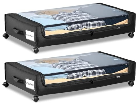 VEVOR Contenedor de Almacenaje para Debajo de Cama con Ruedas 77 x 47 x 17,3 cm 2 Piezas Bolsa Bajo Cama con Tapa Transparente Organizador de Ropa, Zapatos, Mantas para Dormitorios, Salas de Estar