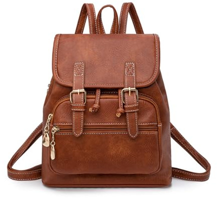 SONARIN Mini Sac à Dos Femme,Mode PU Sacs à Loisir Sacs d'École Cartable Filles,Léger Antivol Sac à Dos Dames pour Voyage Travail Collège(Marron)