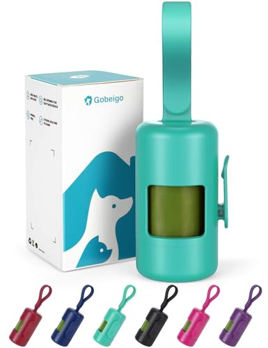 Gobeigo Dog Poop Bag Holder【Convenient Hook for Used Bags】【Silicone Strap Fits Any Leash】【Large Opening for Easy Dispensing】with 1 Roll Waste Bags (Turquoise)