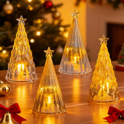 GAROMIA Lot de 4 bougies chauffe-plat de Noël - Décoration de Noël - Bougies chauffe-plat LED - Sapin de Noël - Bougies sans flamme - Fonctionne avec piles - Décoration de Noël - Décoration de table
