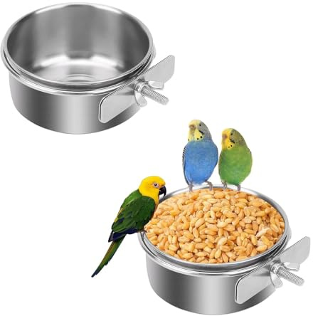 Edelstahl Vogelnapf, 2 Stücke Futter Schüssel Futternapf, zum Aufhängen, Wasserschale, Vogelkäfig Zubehör, Wassertränke für Vögel, für Samen Vogel Papageien, Silber