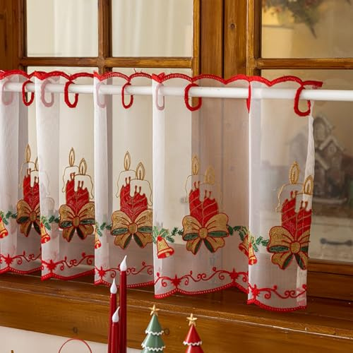 Vordesack Weihnachtliche Rote Scheibengardine mit Stickerei Halbvorhänge Landhausstil Café-Vorhang mit Lochleiste transparente Gardine 1 Stück Glocke HxB 50x120cm