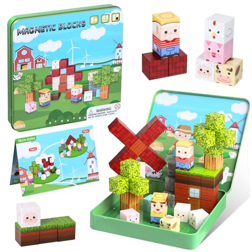 Magnetische Bausteine Reisespielzeug für Kinder, 49 Stück Magnetwürfel mit Tragbarer Metallbox, Kreatives Konstruktionsspielzeug Geschenk für Jungen Mädchen ab 3+ Geburtstagsges & Weihnachtsges (Farm)