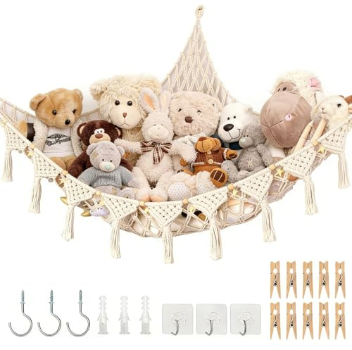 BORISCA Kuscheltier Aufbewahrung Netz hängend, Boho Makramee Stofftier Hängematte mit Quasten, Spielzeug Aufbewahrung Netz mit 3 Schraubhaken, 3 Klebehaken und 10 Holzklammern, für Kuscheltiernetz