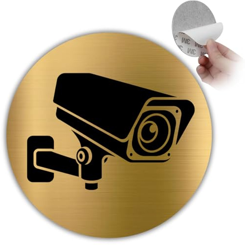 LEIASA | Señal Zona Videovigilada - Ø 10 cm - Aluminio - Dorado Cámaras | Cartel Videovigilancia, Placa CCTV, Rótulo Videocontrol, Aviso Grabación, Pegatina Redonda
