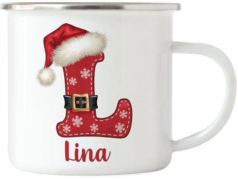 Kiddle-Design Weihnachtstasse personalisiert mit Name & Buchstabe, Tasse Weihnachten Namenstasse Alphabet, Becher Anfangsbuchstabe Nikolausgeschenk Initiale - Emaille Silber
