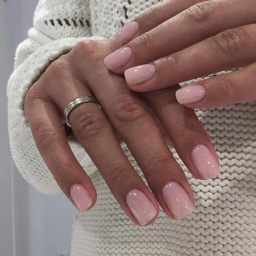 24Pcs Square False Nails - French Pink Tip Short - Press on Nails Solid Colour Fake Nails - Removable Glue on Nail Acrylic Full Cover Stick on Nail for Women Girls