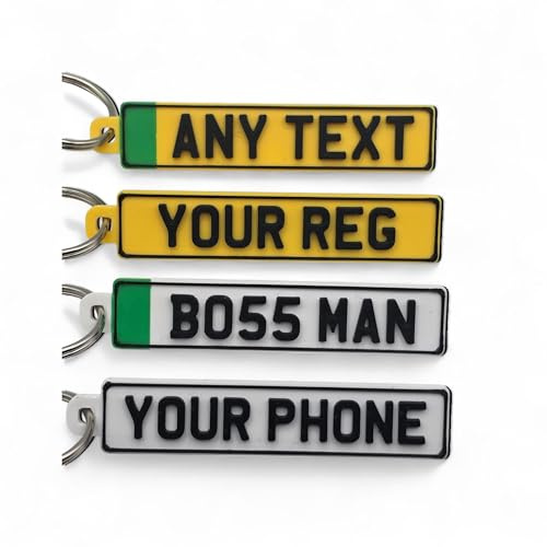Rizstar Personalised 4D Number Plate Keychain – Custom UK Reg Plate Keyring | 3D Raised Lettering | Mini Licence Plate Key Chain | Car Gift for Men & Women (White)