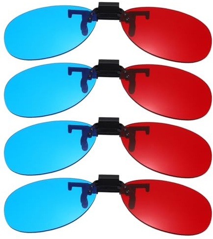 QUARKZMAN 4 st 3D-glasögon röd blå/cyan clips, 3D-glasögon med rund hängande ram för filmer bio spel tv-bilder projektor