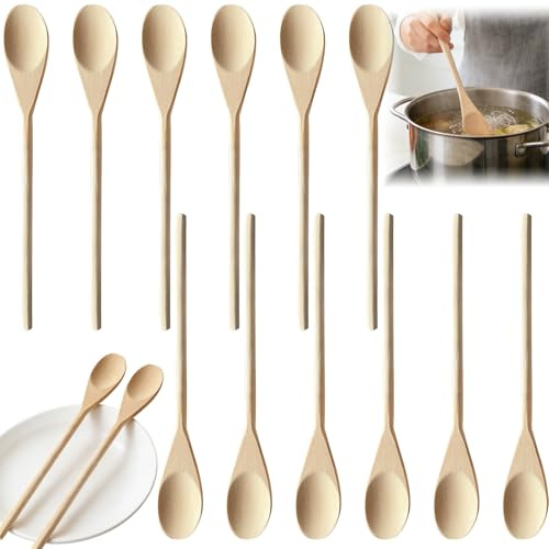 12 Pcs 12-Inch Long Handle Reusable Natural Wooden Cooking Spoon Set | For Mixing, Stirring, Baking, Kitchens And Everyday Home Use