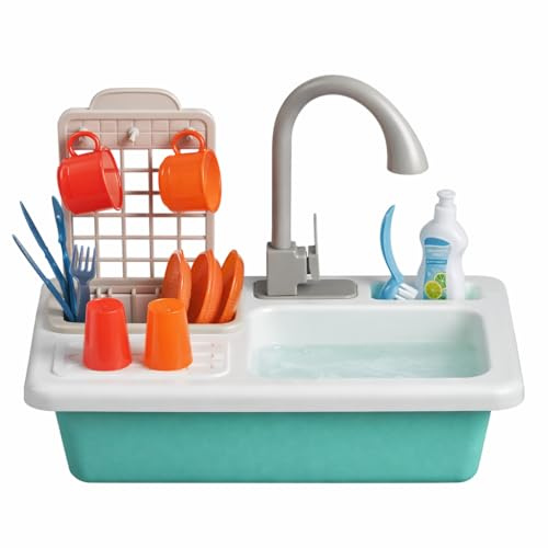 Kids Kitchen Sink Toy Playset with Running Water, 14 PCS Pretend Play Dish Washing Set for Toddlers, Interactive Kitchen Role Play Toy for Boys & Girls