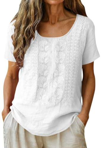Blusa Algodón y Lino para Mujer Camisas Manga Corta con Bordado Floral Top Casual con Escote Redondo Túnica Bohemia Fluida y Holgada Camiseta Ligera para Vacaciones.