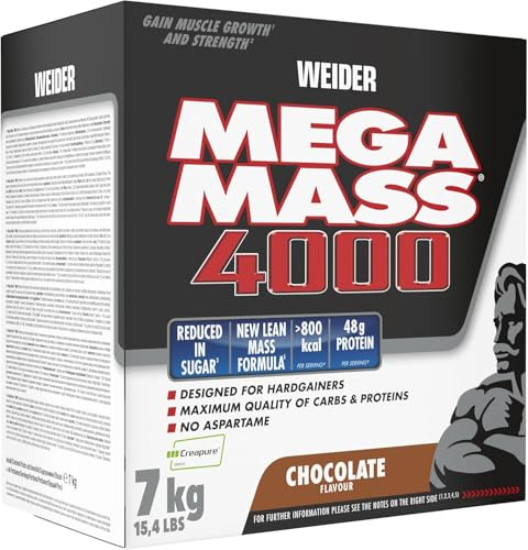 Weider Mega Mass 4000, 7kg, Schokolade | Weight Gainer Pulver, 48g Protein & Kreatin pro Portion, Für hohe Kalorienaufnahme