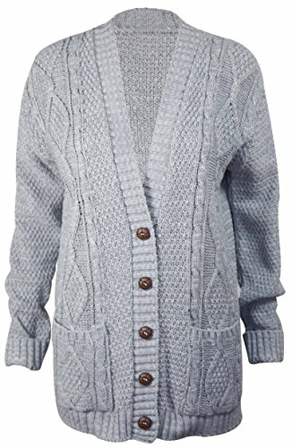 New Womens Everyday Long Sleeve Button Top Ladies Chunky Aran Cable Knit Grandad Cardigan Light Grey Size 12 14