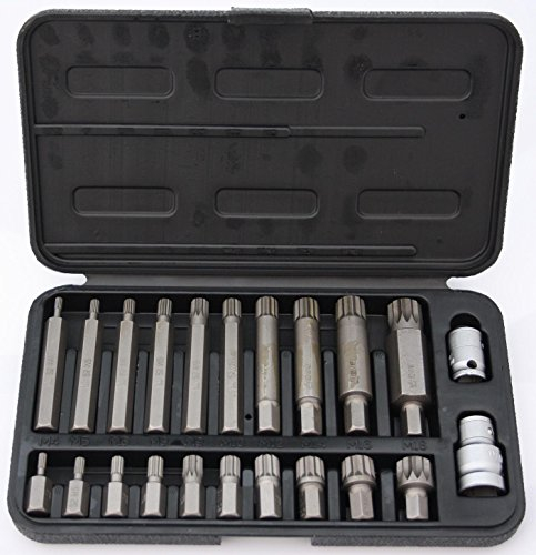 22-teiliges Set SPLINE (30, 75 mm) Steckschlüsselsatz XZN (M4 M5 M6 M8 M9 M10 M12 M14 M16 M18) + 2 Adapter 1/2 Zoll & 3/8 Zoll – Steckschlüssel-Set (HRC 62) – Stahl S2, Cr-V