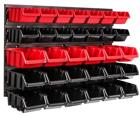 Lagersystem Wandregal 576 x 390 mm , 32 stck. Box , Stapelboxen Schüttenregal Sichtlagerkästen , Extra Starke Wandplatten , Regal Erweiterbar , Werkstattregal Lagerregal Werkstattwandregal Steckregal