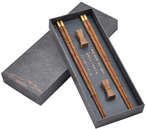 Wooden Chopsticks Reusable with Case, Chinese Chop Sticks Set with Holder 2 Pair (Wenge)