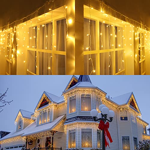 Joomer Cortina Luces Navidad Exterior, 9M 300LED Cascada Con Temporizador 8 Modo IP44 Impermeable Para Interiores Balcón Alero Navideña Decoración (Blanco Cálido)
