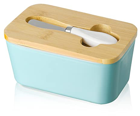 Candiicap Porcelain Butter Dish with Knife & Wooden Lid, Airtight Butter Keeper for Countertop, Large Butter Holder for All Types of Butter(Matte Blue)